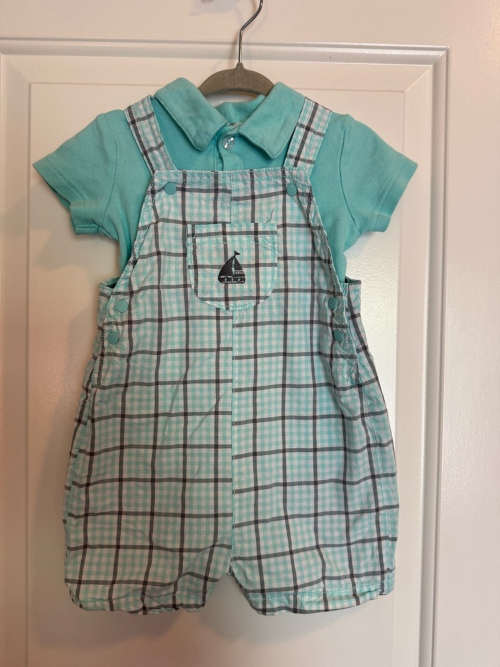 Just One You by Carter’s Plaid Mint Green Overalls with Coordinating Polo